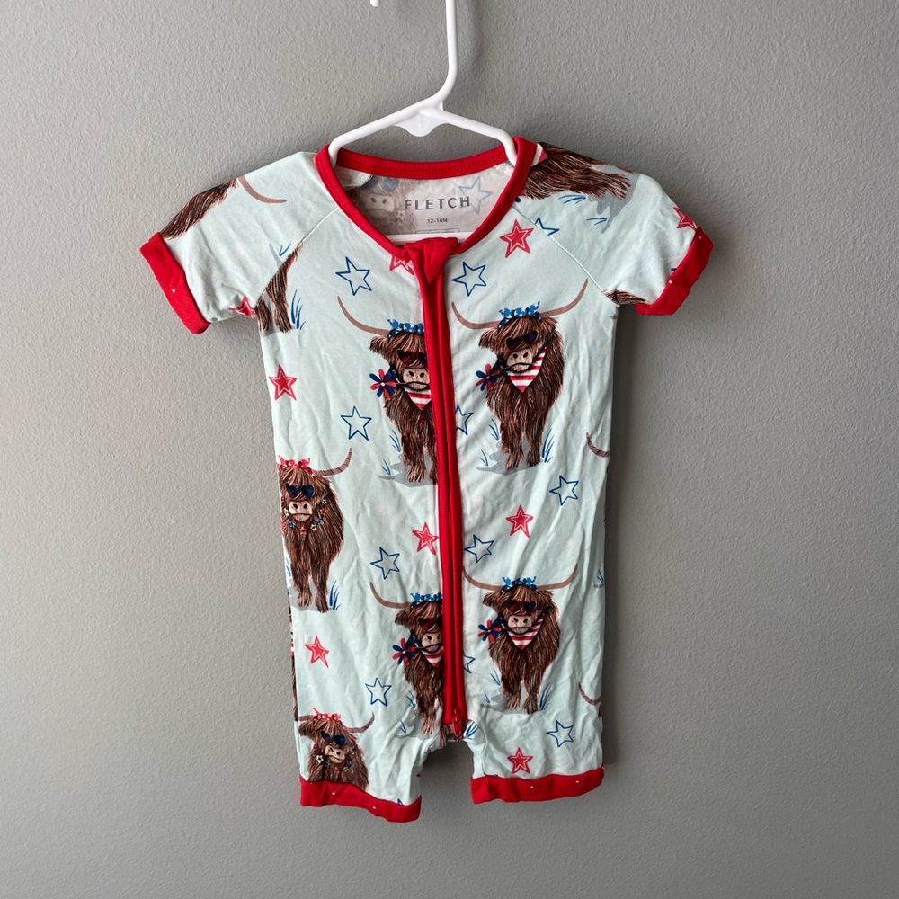 Fletch Red White and Moo Patriotic Highland Cow Bamboo Short for 4th of July
